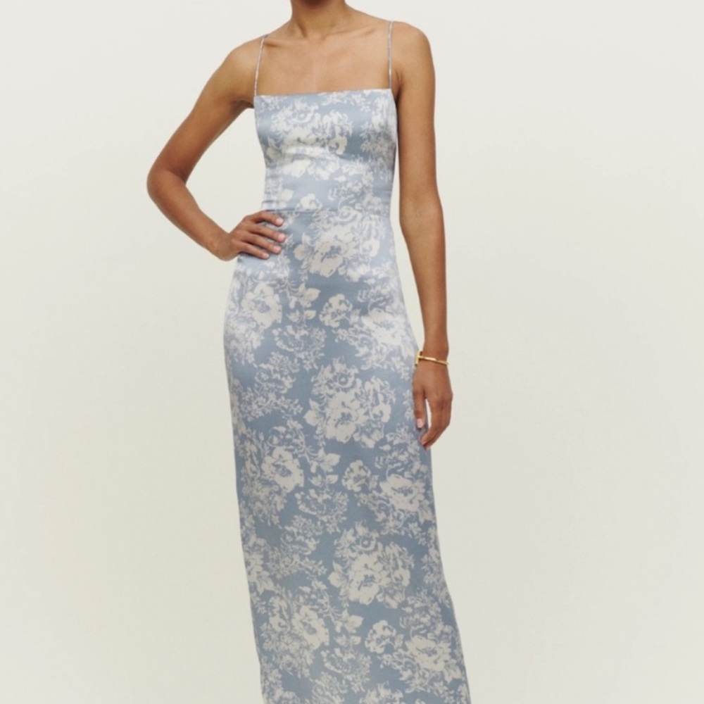 Reformation Frankie Silk Blue Floral Dress